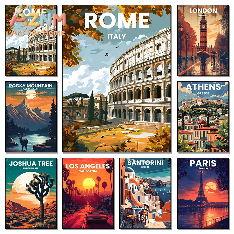 1pc frameless Canvas Painting Nordic Vintage Travel Cities Poster London Paris Rome Landscape Illustration Art Canvas Painting W
