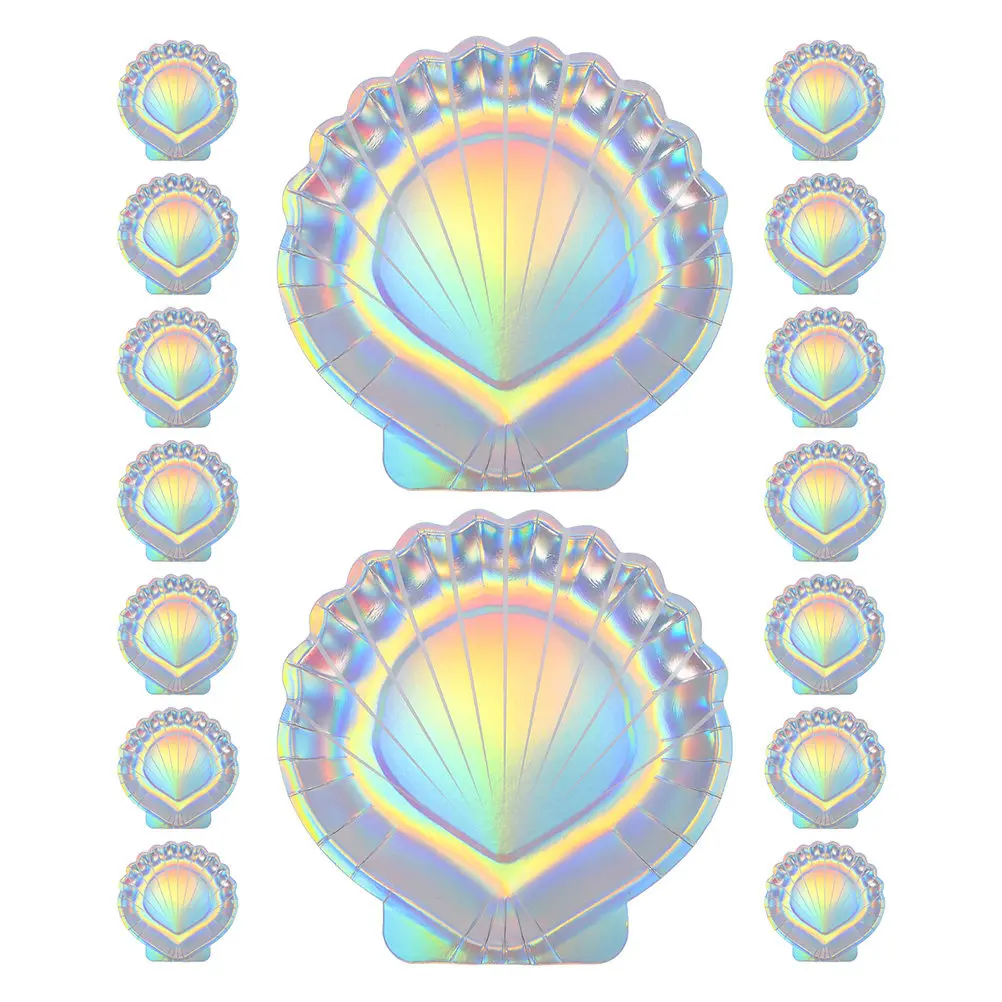 16Pcs Mermaid Party Paper Plates Seashell Shape Holographic Iridescent Disposable Dinnerware for Dessert Cake Appetizer Serving