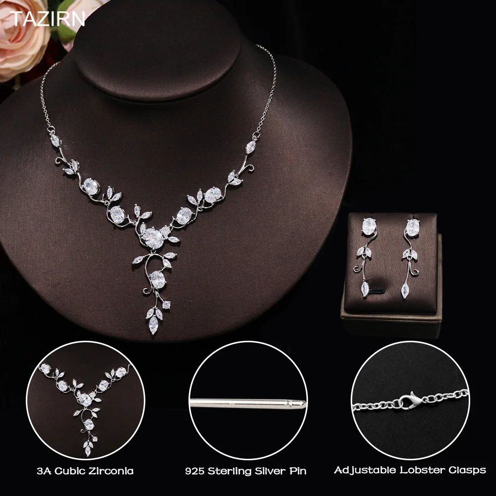 TAZIRN AAA Cubic Zirconia 2PCS Jewelry Set for Women CZ Crystal Earring Necklace Sets Wedding Bridal Dress Jewelry Accessories