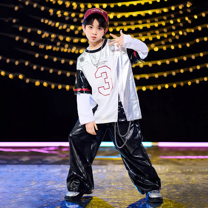 طفل الجاز ملابس رقص الحديثة لفتاة رقم 3 طباعة قصيرة الأكمام بلايز جلدية السراويل السوداء دعوى الأولاد الهيب هوب ملابس الرقص مجموعة