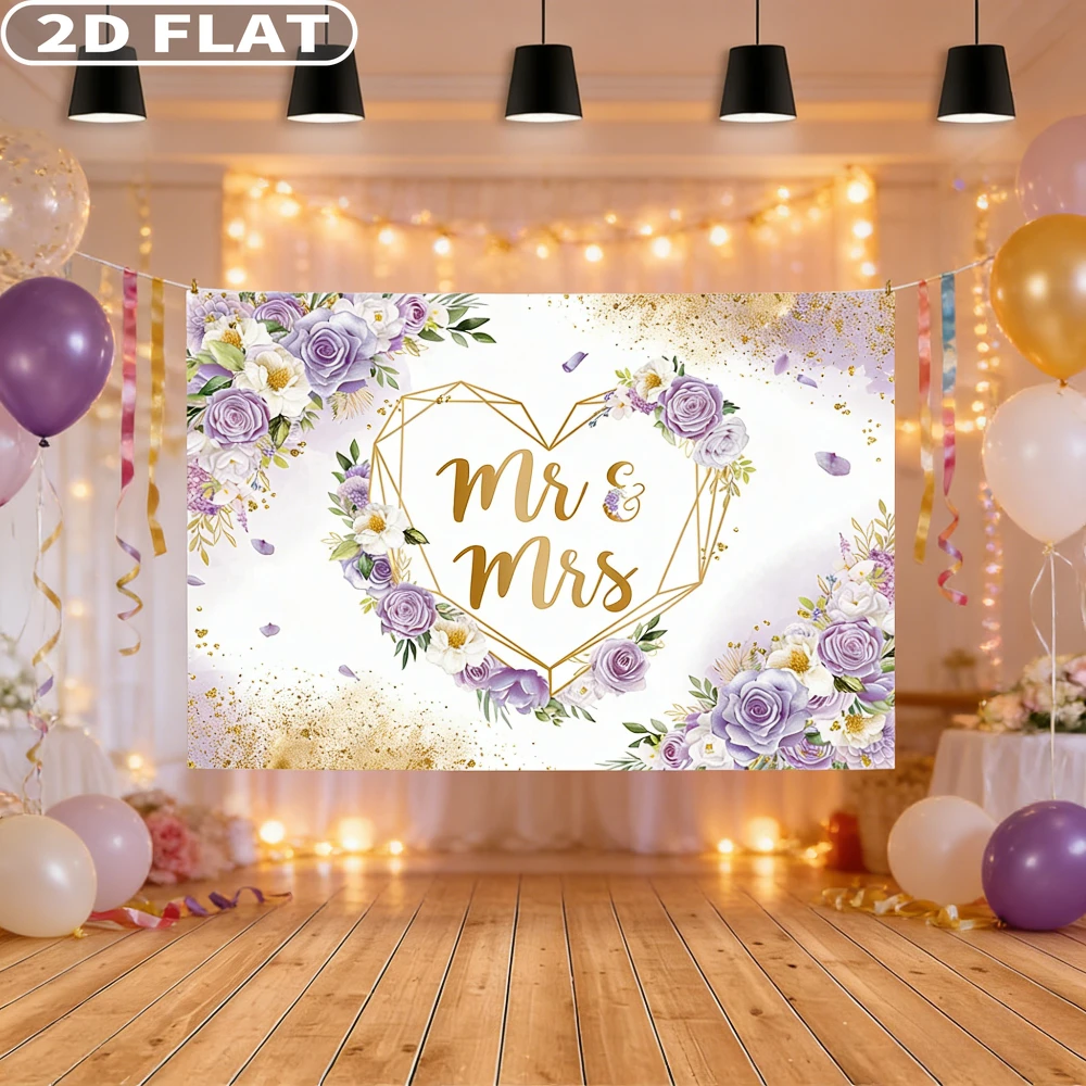 

2D FLAT 1pc 7x5ft/6x8ft Mr & Mrs Studio Props Backdrop for Bridal Shower, Polyester Purple Floral Photography Background
