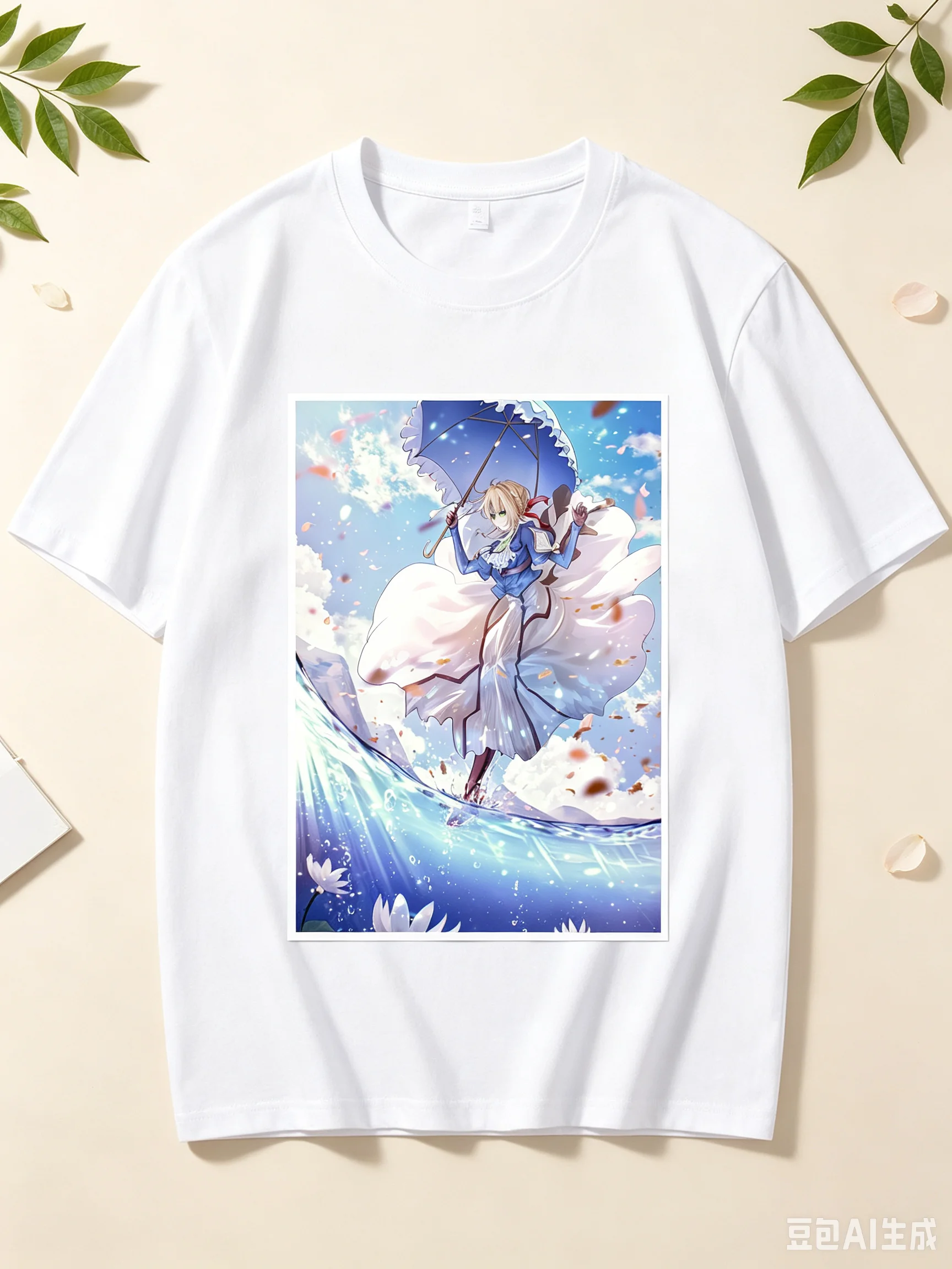 Violet Evergarden Holding Parasol Water Surface Anime Frame Graphic Crew Neck Short Sleeve Women And Men T-shirt