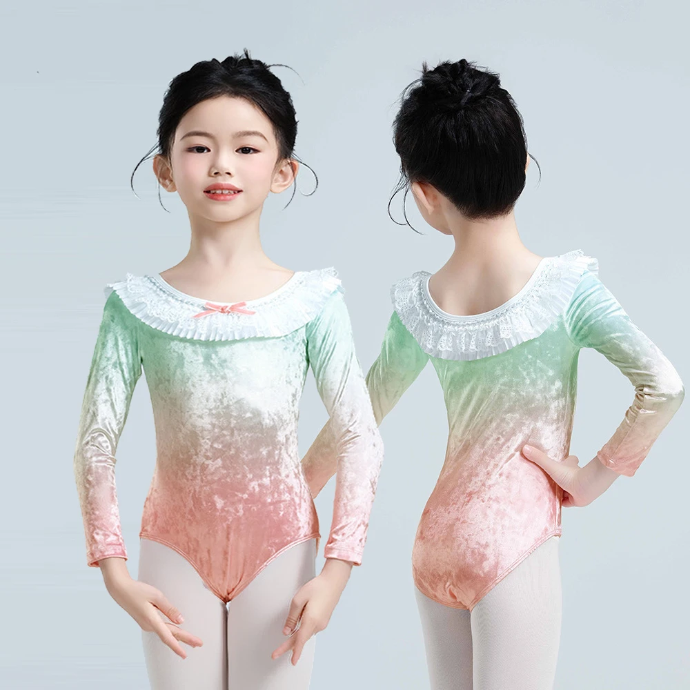 Maillot de Ballet para Niñas, de Terciopelo, Manga Larga, con Tirantes Rosados, Espalda Descubierta, para Danza y Gimnasia