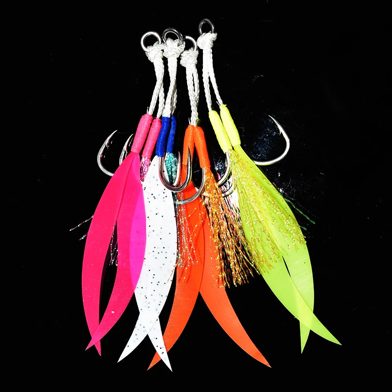 4pcs/lot Ribbon Silicone Skirt Double Assist Hook Metal Jig Mate High Carbon Steel Hook With Assist  Marine Fishing