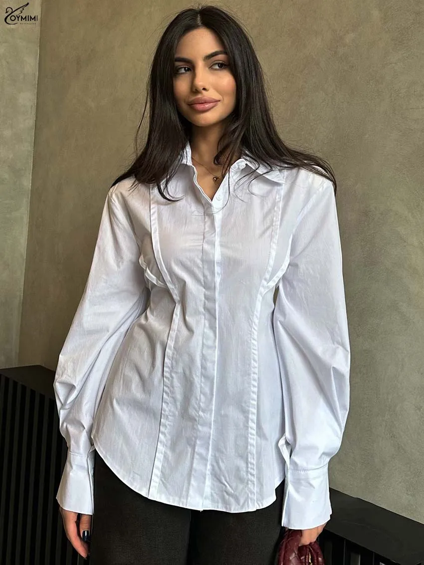 

Oymimi Fashion White Cotton Woman Blouses Elegant Turn-Down Collar Long Sleeve Shirts Casual New Single Breasted Lace-Up Blouses