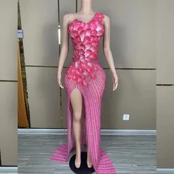 Sexy Pink Rhinetones Flowers Sleeveless Dress Birthday Evening Celebrate Costume Dance Birthday Party Evening Photoshoot Dress