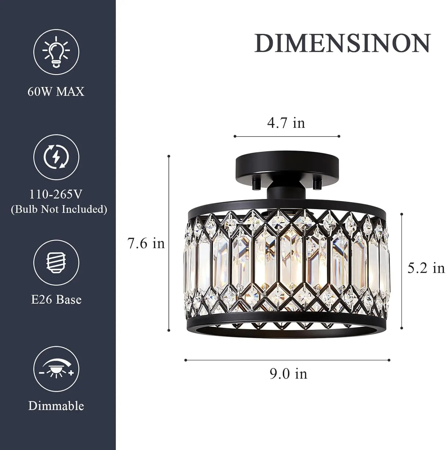 Crystal Black Ceiling Light, Modern Semi Flush Mount Ceiling Lighting Fixture, Round Hallway Lighting Fixtures Ceiling For