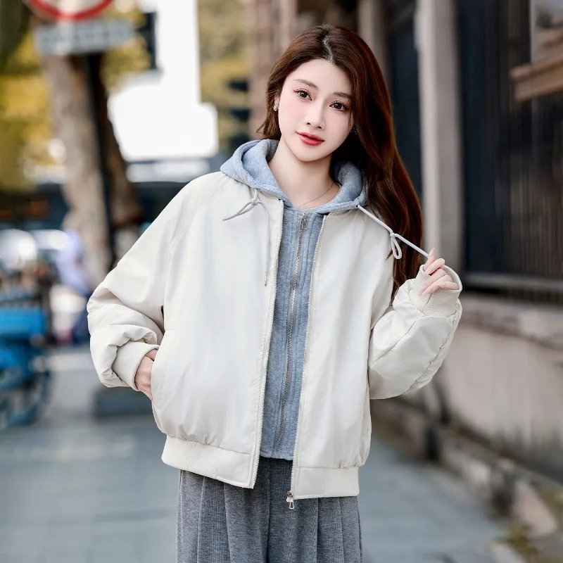New Sporty Baseball Padded Jacket Women Contrast Hoodie Fake Two Piece Zip Front Oversize Solid Casual Fall Winter Trendy