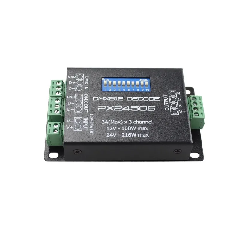 

DC12V-24V PX24506 DMX512 Decoder 9A 3CH RGB Dimmer LED Controller Driver for Colorful Light Strip Module Stage Light Bar Lamps