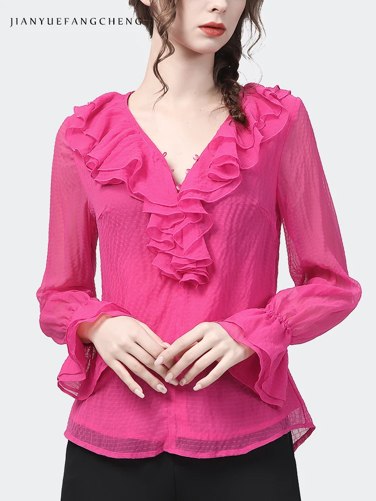 Fashion Rose Red Chiffon Blouse Women 2022 Spring New Long Sleeve V-Neck Ruffles Top Elegant Slim Female Casual Office Shirts