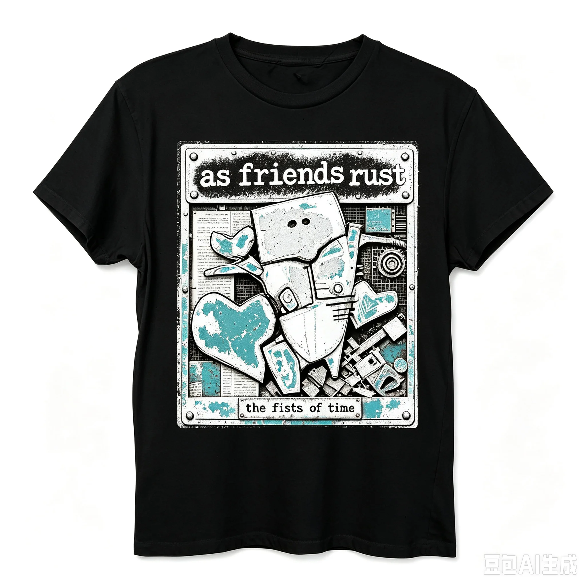Men As Friends Rust The Fists Of Time Graphic T‑Shirt Vintage Robot Heart Punk Band Crew Neck Short Sleeve Tee