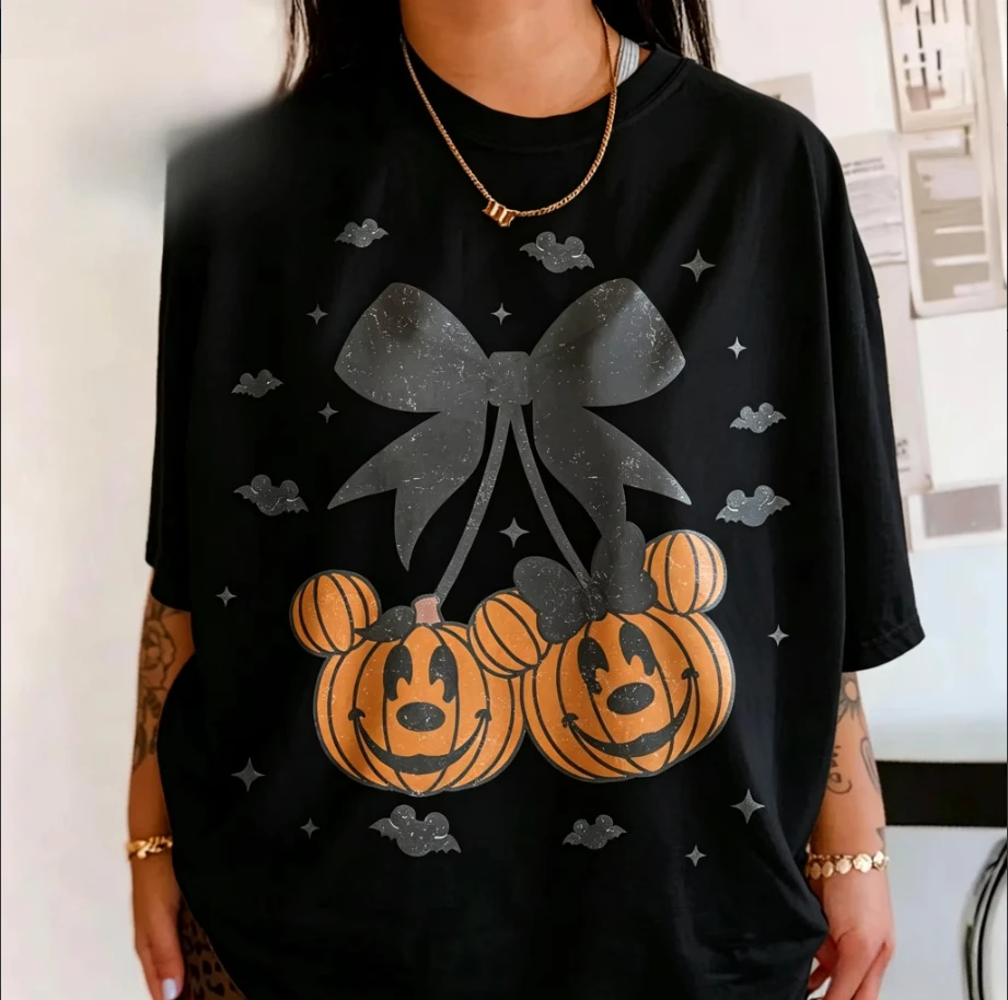 2026 Halloween New Family Clothing Cotton T-shirt Pumpkin Mouse Printed T-shirt Men's_Women's Holiday Leisure T-shirt