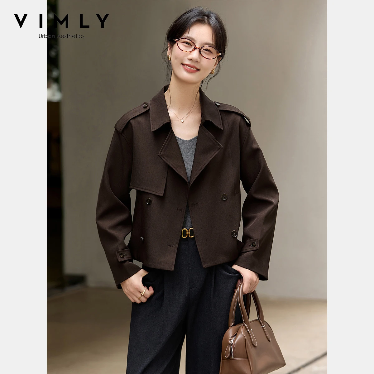 

VIMLY женские коричневые короткие плащи, осень 202, новая элегантная рабочая одежда, куртка с воротником-поло, свободная женская верхняя одежда с длинными рукавами A3117