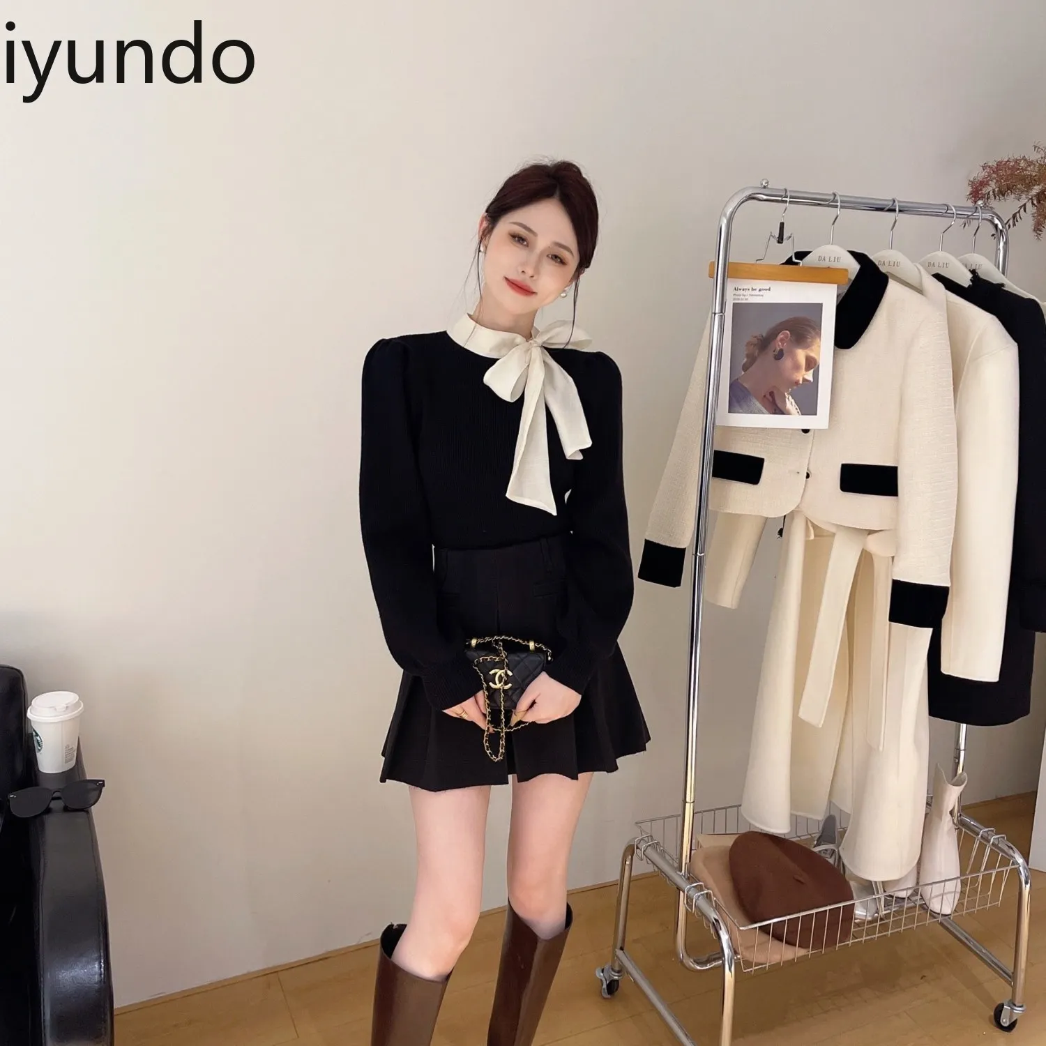 フレンチハーフネックニットトップス、ボウ付き - 韓国風スイートフローラルセーター、レディースシックカジュアルウェア、エレガントな長袖ブラウス