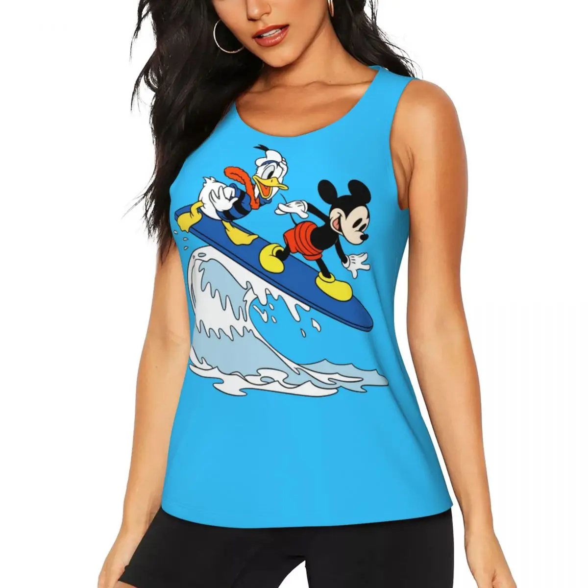 Custom Mickey Mouse Donald Duck Surfing Yoga Shirts Women's Gym Workout Running Tank Tops