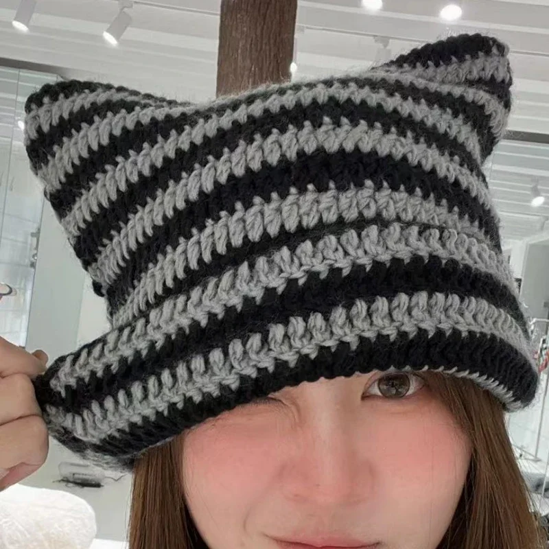 New Korean Style Handmade Crochet Acrylic Cat Ears Woman Winter Hat Striped Autumn Beanies Warm Soft Bonnet Skullies Cap Gift