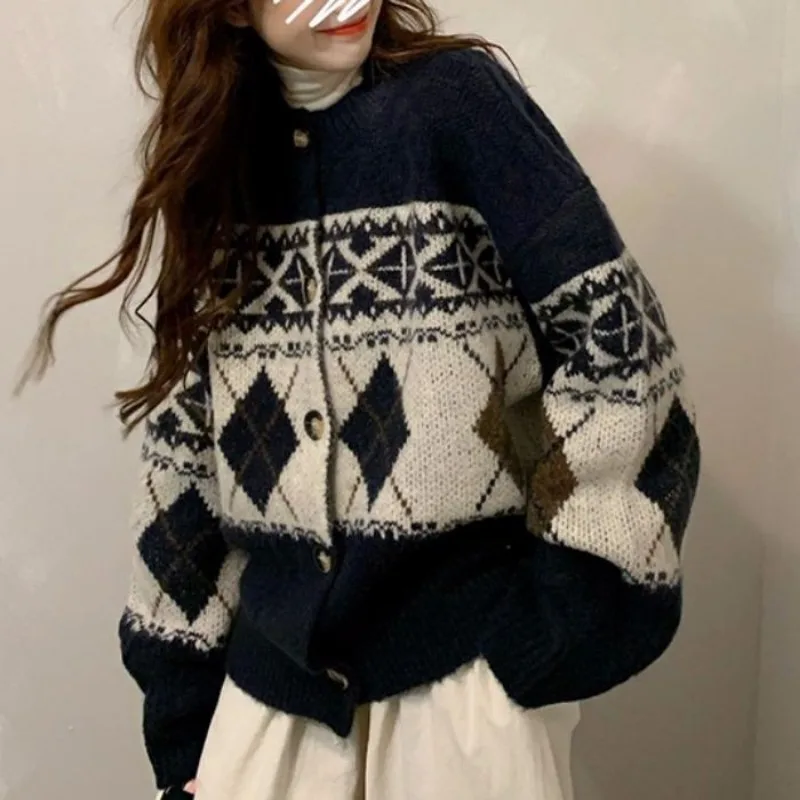 Fashion jacquard O-neck Long sleeve sweater Women Autumn Winter knitting Cardigan coat office Lady All-match trend knitting tops