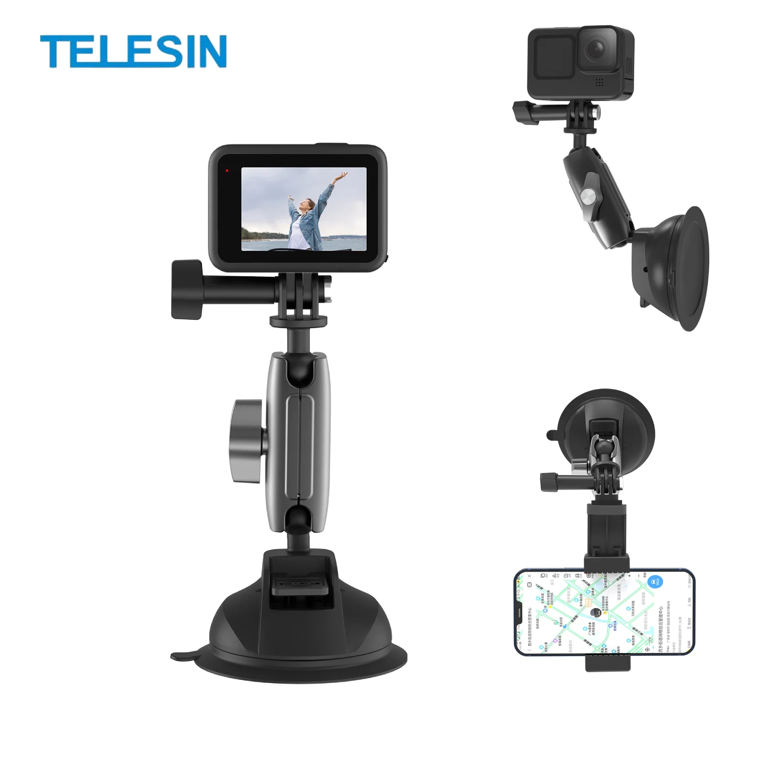 TELESIN Car Suction Phone Holder Camera Mount for GoPro Hero 13 12 11 10 9 8 DJI OSMO Action 5 4 3 Insta360 Phone Accessories