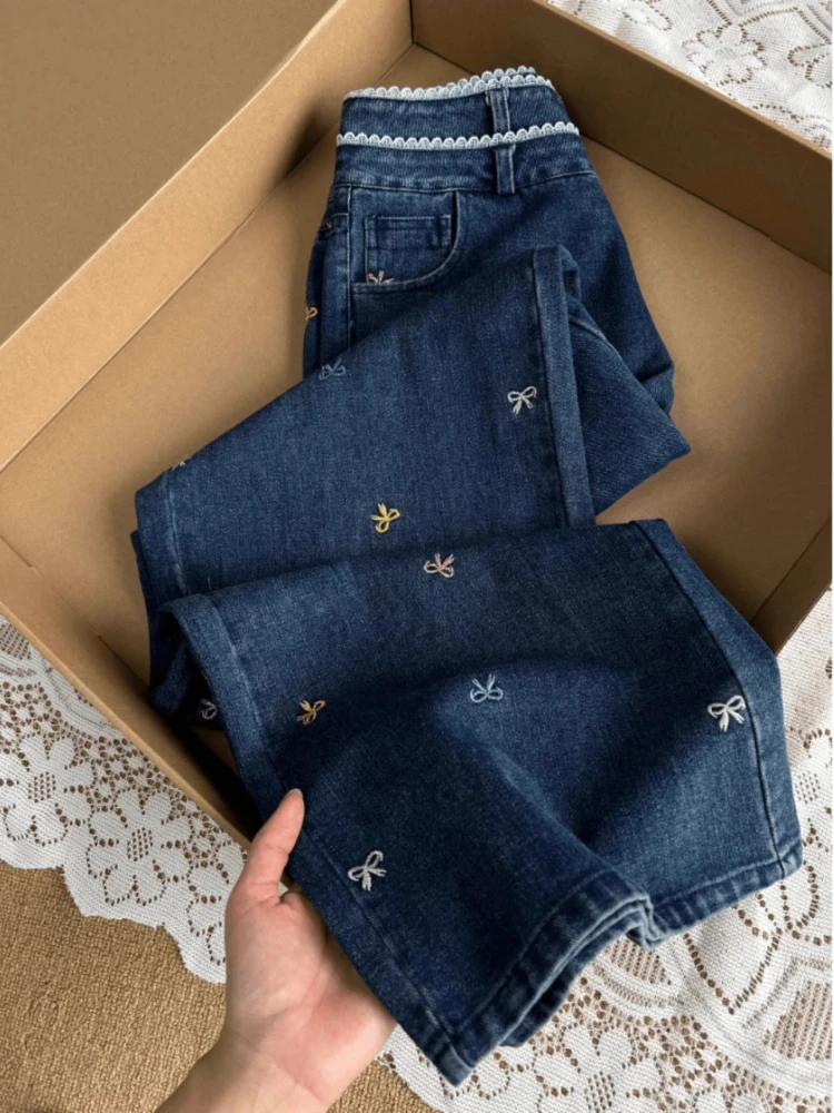 

2025 New Fashion Sweet Jeans High Waist Lace Patchwork Bow Embroidery Wide Leg Pants Spring Autumn Preppy Style Women's Clothing