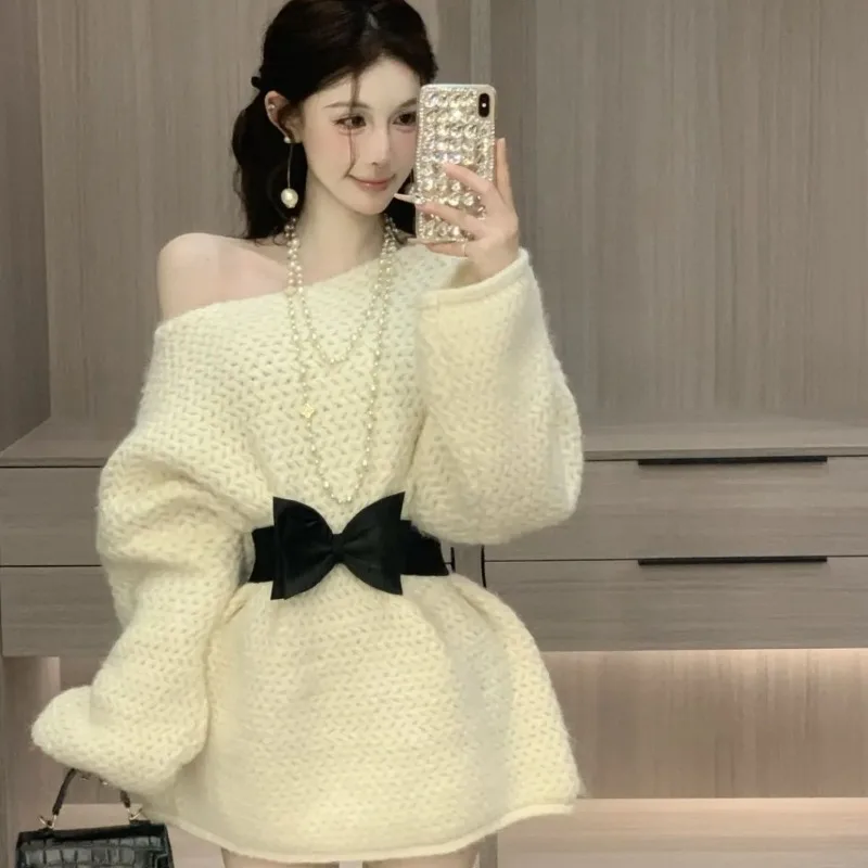 

Сплошной цвет с бантом, дизайн с одним словом, свитер средней длины, новый осенне-зимний свободный вязаный свитер в иностранном стиле, изысканный