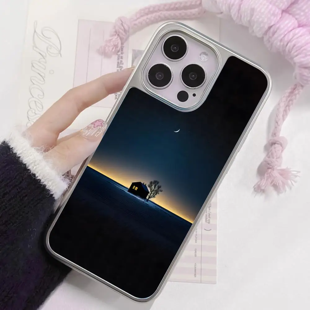 

Pretty Night Nature Phone Case for iPhone 17 16 15 14 13 12 11 Air Pro Max Plus Electroplated Silver Cover