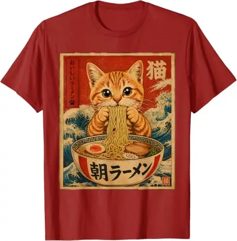 Lustiges Katzen-Ramen-Grafik Retro Japanisches Kawaii Anime Nudel T-Shirt Y2k Cartoon Weiches Baumwoll-T-Shirt für Frauen Männer Harajuku Tees – Detail 9