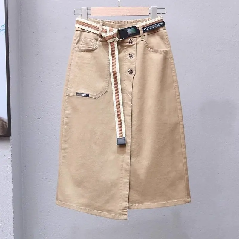 Spring Autumn New Fashion High Waist Solid Office Lady Women\'s Clothing Casual Pockets Button Youth Simplicity Versatile Skirt