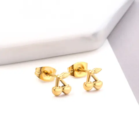 Gold Plated Small Cherry Stud Earrings For Women Girls Korean Style Stainless Steel Push Back Aretes De Mujer Casual Stud Trendy