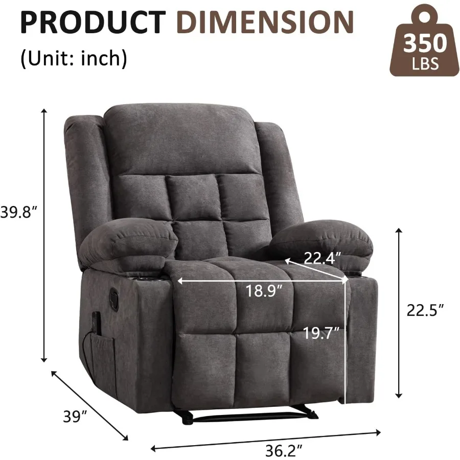 Living Room Manual Recliner Chair for Adults with Vibration Massage and Lumbar Heating, Soft Fabric, Gray, Side Pocket and Two