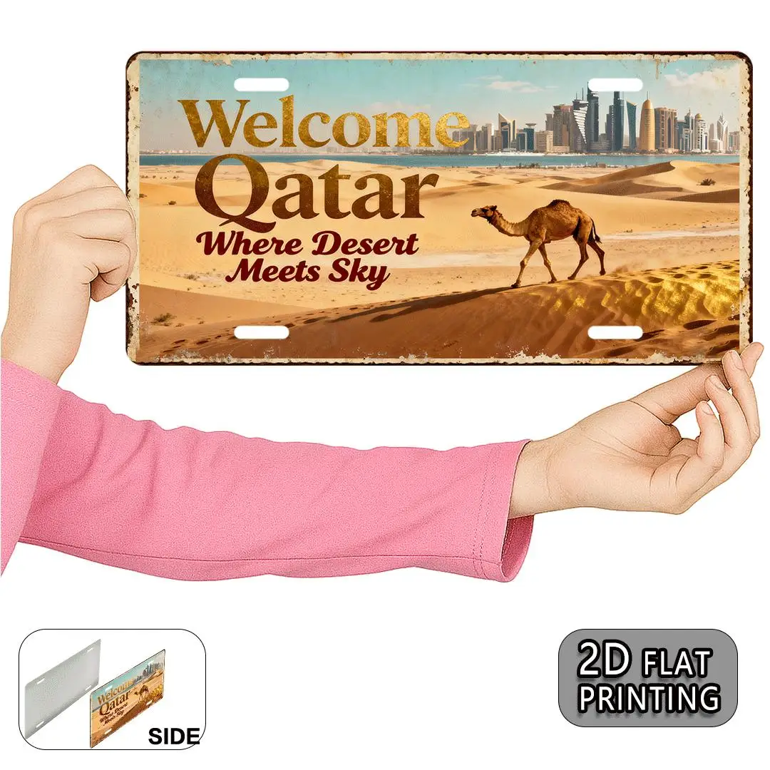 2D Flat, 2D Flat Printing, 1pc, Qatar City Vintage Metal Aluminum Sign License Plate, decorative sign (30.48X15.24cm), Travel Th