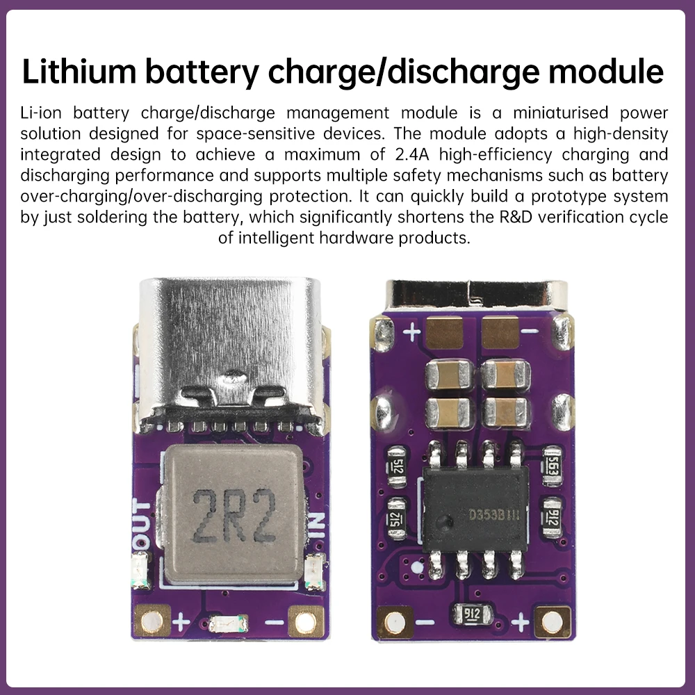 Mini Type-C 5V 2.4A แบตเตอรี่ลิเธียม Charge Discharge โมดูลอัจฉริยะ Boost Buck Conversion พร้อมไฟแสดงสถานะแบตเตอรี่ LED Light