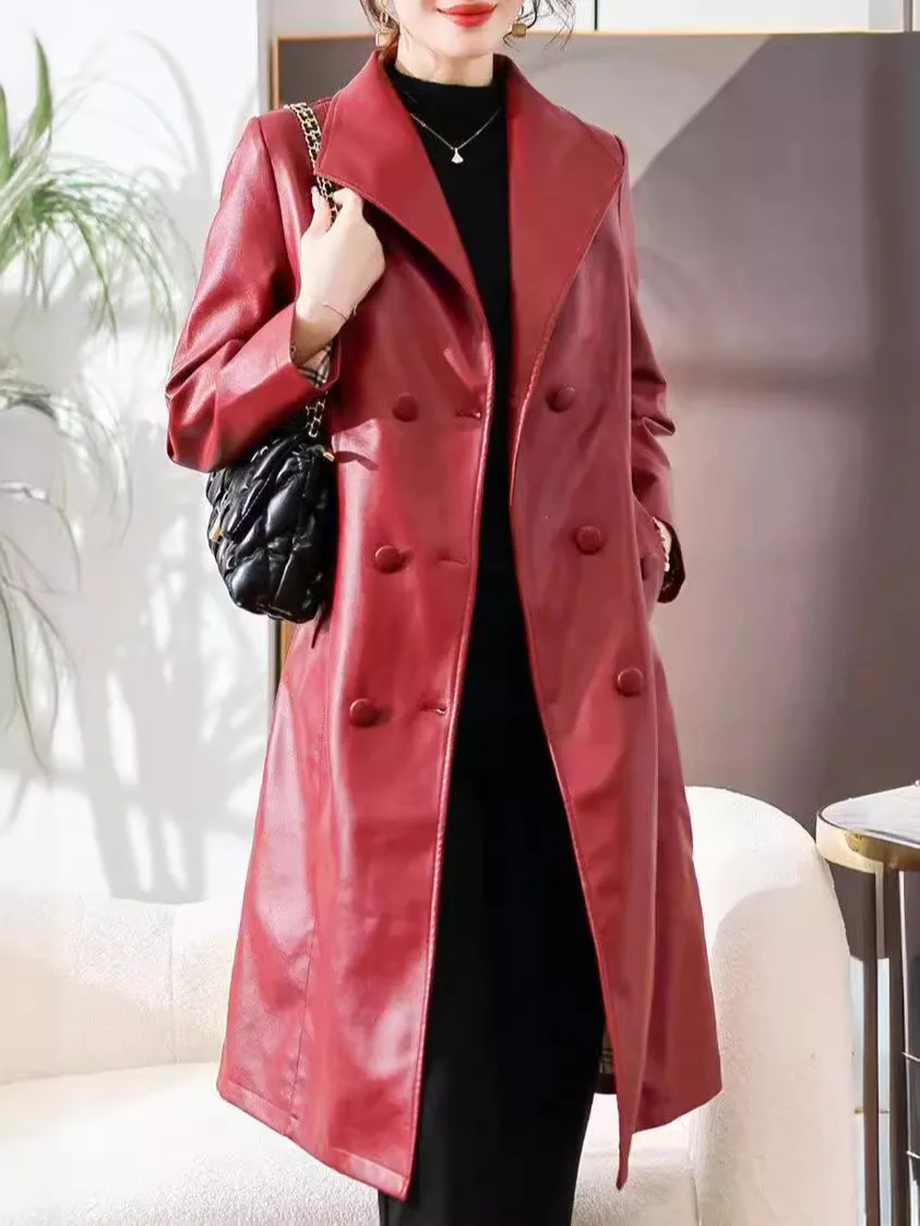 New women\'s trench coat for autumn/winter 2024 in Haining, China, made of genuine leather, women\'s long length, knee over sheeps