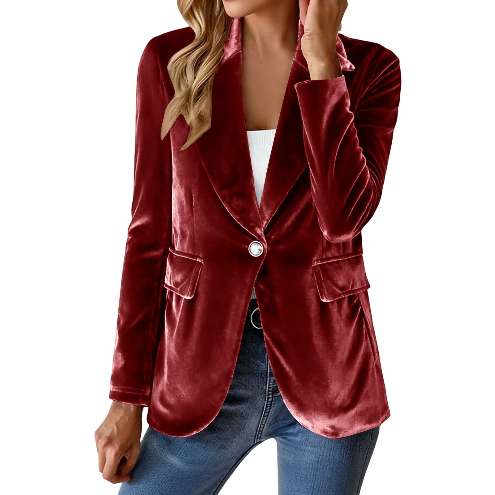

Elegant Velvet Suit Jacket for Women - Fashionable Solid Color Blazer with Buttons, Sophisticated Work to Evening Wear for a Pol