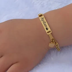 Personalized Engrave Name Baby Bracelet Stainless Steel Heart Custom Date Figaro Chain Bracelet For Child Nameplate Jewelry Gift