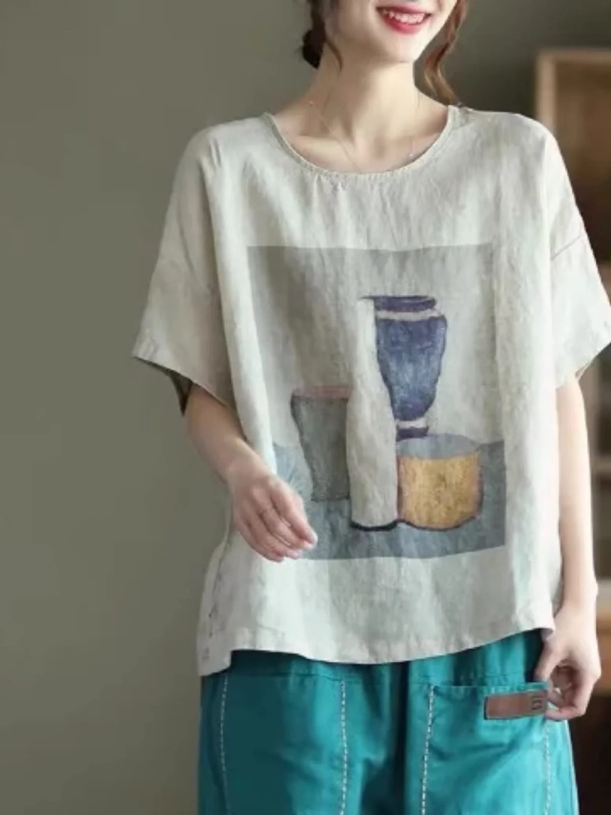 เสื้อยืดผ้าฝ้ายลินินสไตล์เรโทร สำหรับผู้หญิงไซส์ใหญ่ ทรงหลวม คอกลม ใส่สบาย ช่วยพรางหุ่น เหมาะสำหรับฤดูร้อน ใช้งานได้หลากหลาย