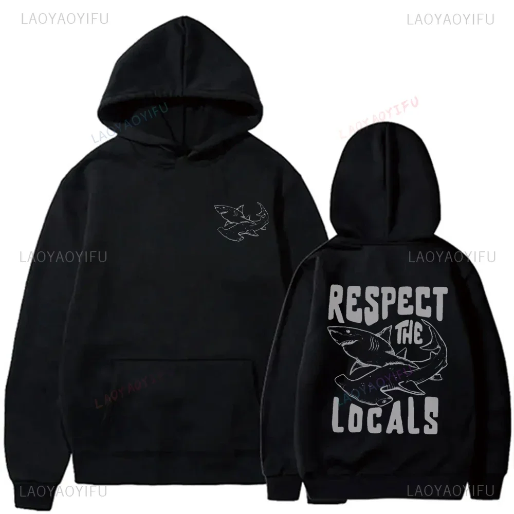 Respect The Locals Shark HoodieUnisex Drawstring HoodedSweatshirt VintageShark GraphicPrint Ocean BeachCasualStreetwear Pullover