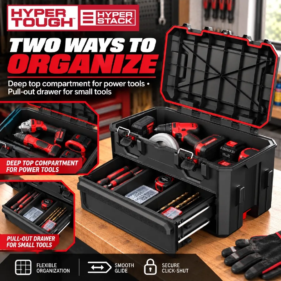 Hyper Tough Hyper Stack Hybrid Toolbox with Top Compartment and Storage Drawer, Black