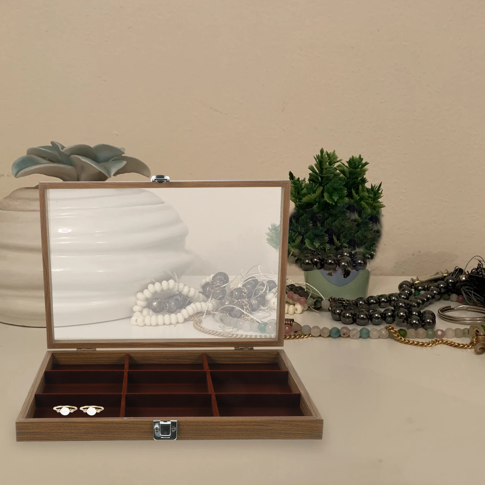 

Wooden Jewelry Box 9 Grids Portable Dust proof Multi Compartments ganizer for Bracelets Rings Accessories Storage Display