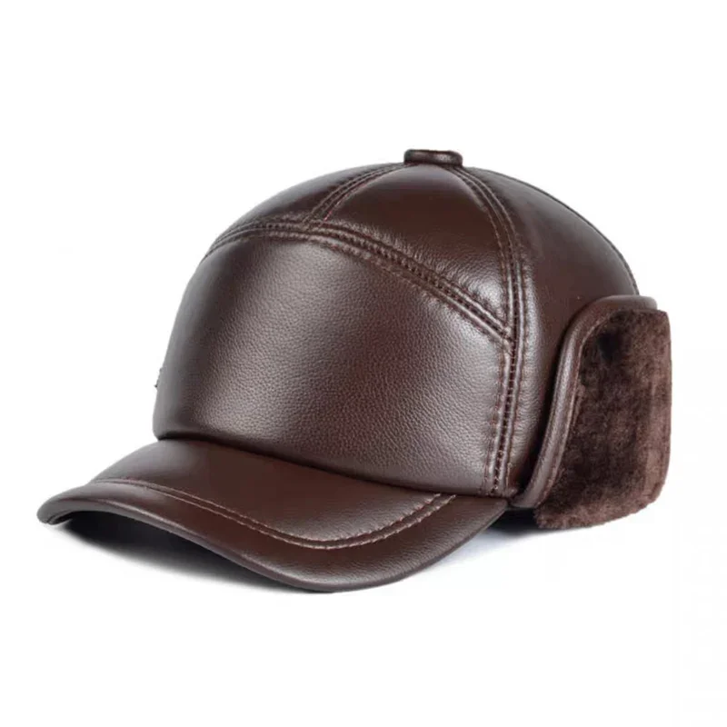 Winter Genuine Leather Keep Warm Hats Cowhide/Sheepskin Earmuffs Bomber Caps Plus Velvet Thicken Man Bone Caps Dad Hat