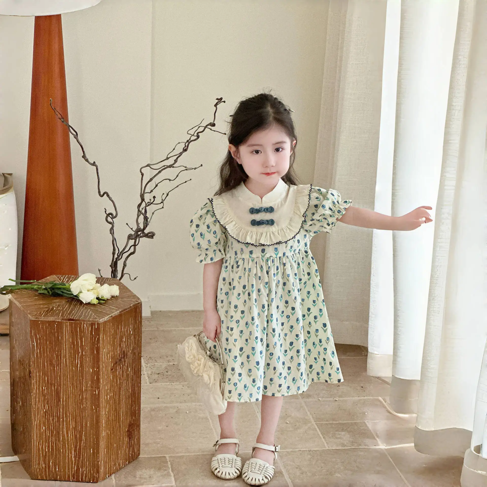 Girls Skirts 2024 Autumn New Childrens Clothes Korean Style New Chinese Pan Buckle Tulip Lace Dress Casual Simple Match