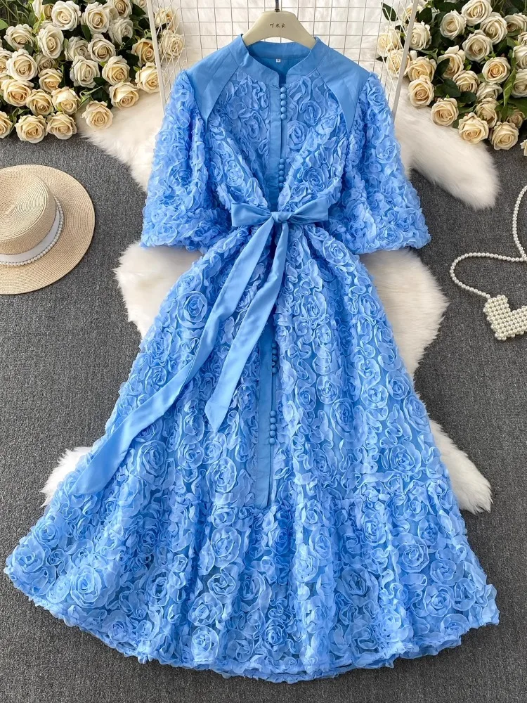 Luxury 3D Flower Prom Formal Dress Women Summer Autumn Loose Big Size A Line Pleated Single Breasted Midi Long Party Dresses