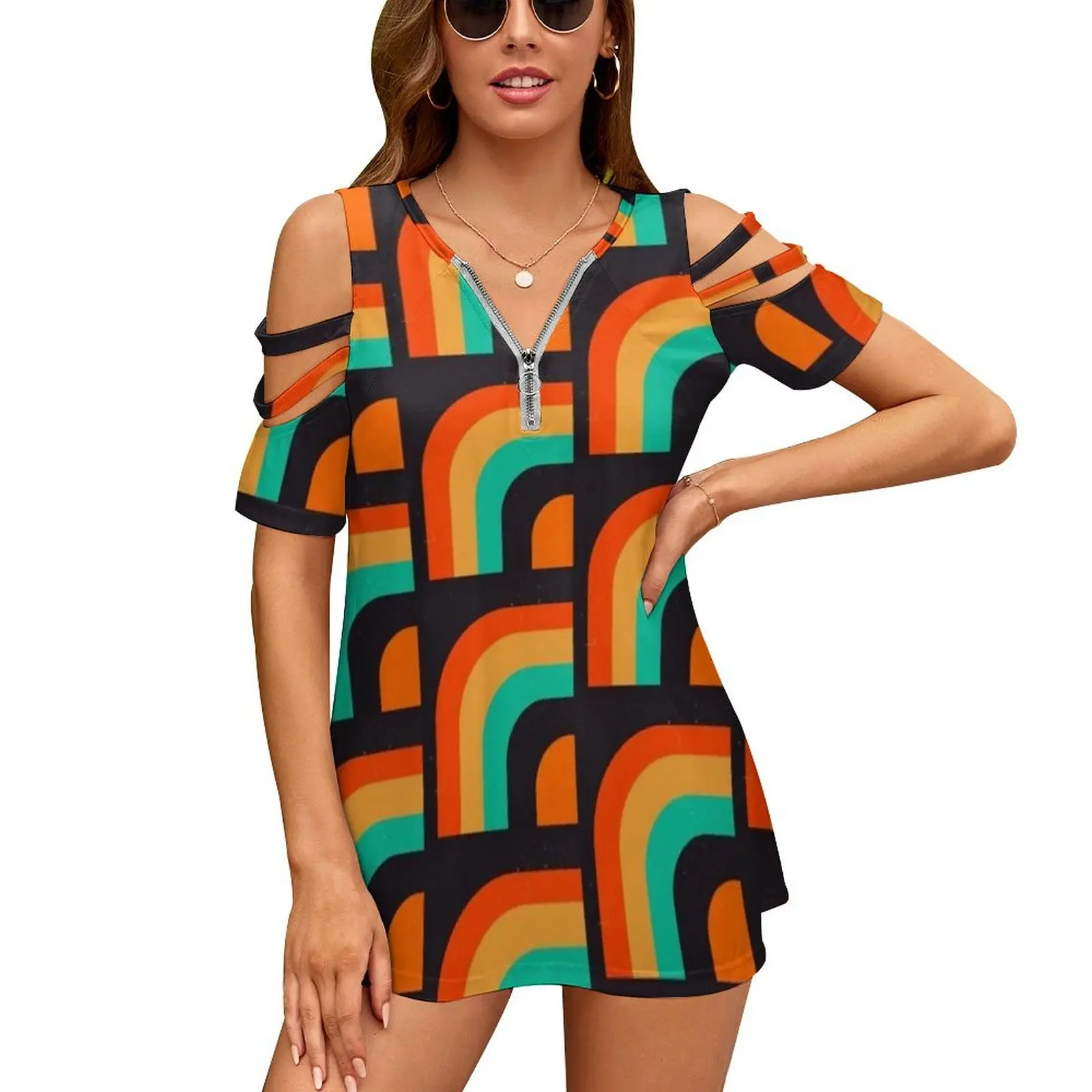 I’M Living In The 70’S Women's T-Shirt Summer Fashion Print Floral V-Neck Zipper Tshirt Hollow Pullover Ladies Top 70 S Retro