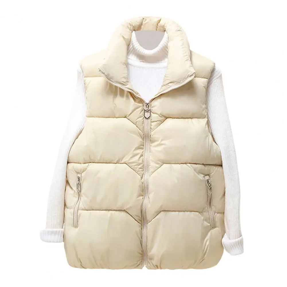 Women Winter Zip-up Vest Coat Thickened Padded Stand Collar Neck Protection Sleeveless Outerwear with Zipper Pockets Solid Color