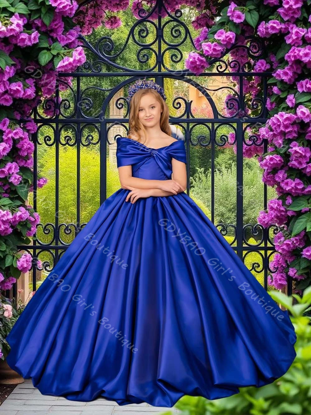 

Royal Blue Flower Girl Dress for Wedding 2-14 Kids Off Shoulder Ball Gown Pageant Formal Party Dress with Ribbon Elegant Custom