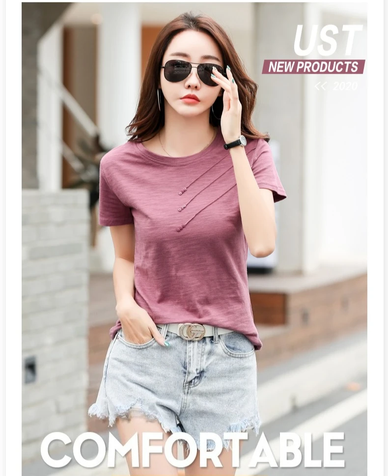 AOSSVIAO 2026 Summer Solid Color Women's T-Shirts Slub Cotton O-Neck Short Sleeve T-Shirt Loose Casual Simple Button Basic Top