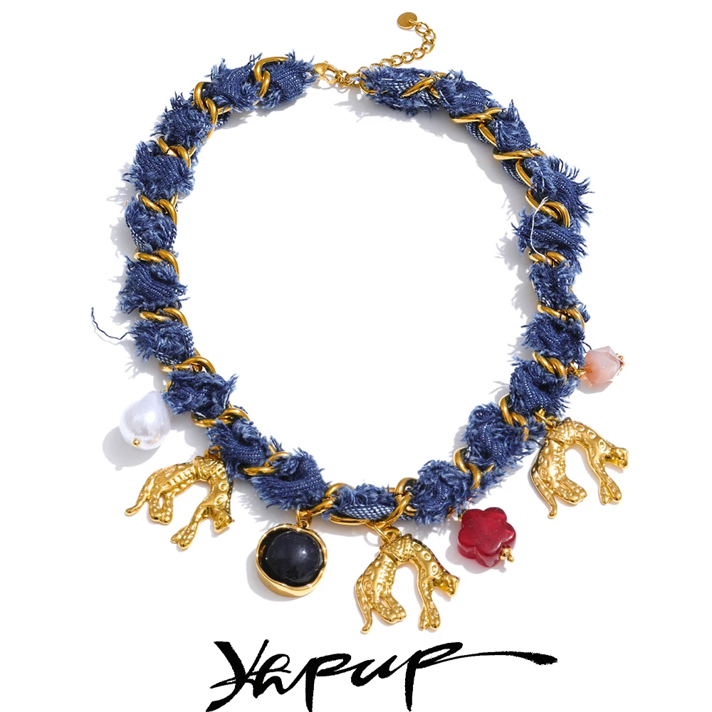 Yhpup Statement Blue Denim Kette Perle Acryl Blume Tropfen Charm Halskette Edelstahl Vintage Herbst & Winter Kragen Schmuck