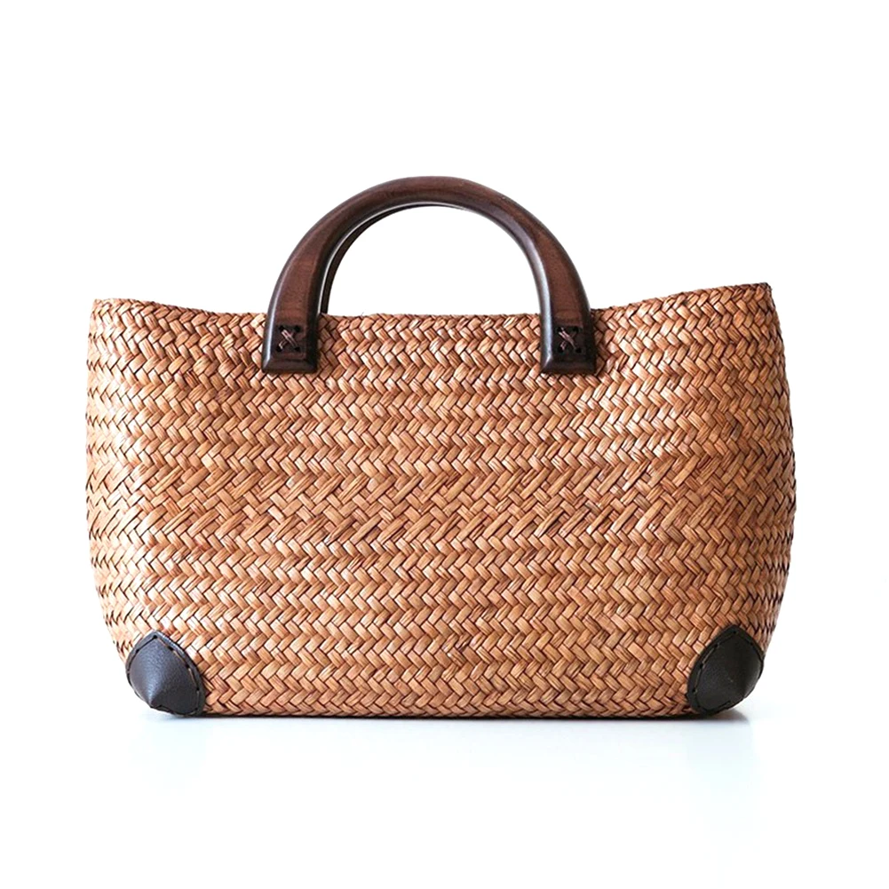 Handmade Straw Bag Retro Rattan Bag Straw Woven Handy Beach Bag Simple Art Weaving Bag Women's Bag Handbag-Large