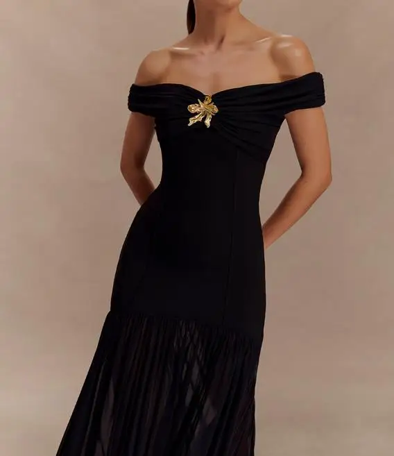 

Women Dresses 2026 Spring New Solid Color Off Shoulder Mesh Splicing Short Sleeve Slim Fit Temperament Hip Hugging Long Dress