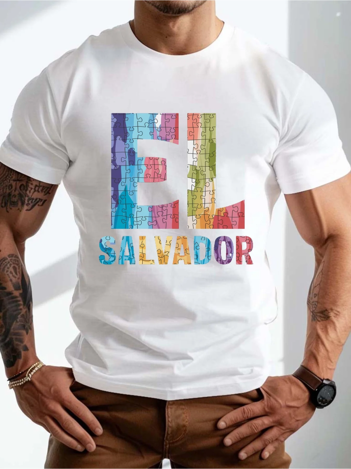 Summer T-Shirt For Larger Men Featuring A Graphic Print Of EL SALVADOR Puzzle Design, Perfect For Casual Wear In Daily Life, Ide