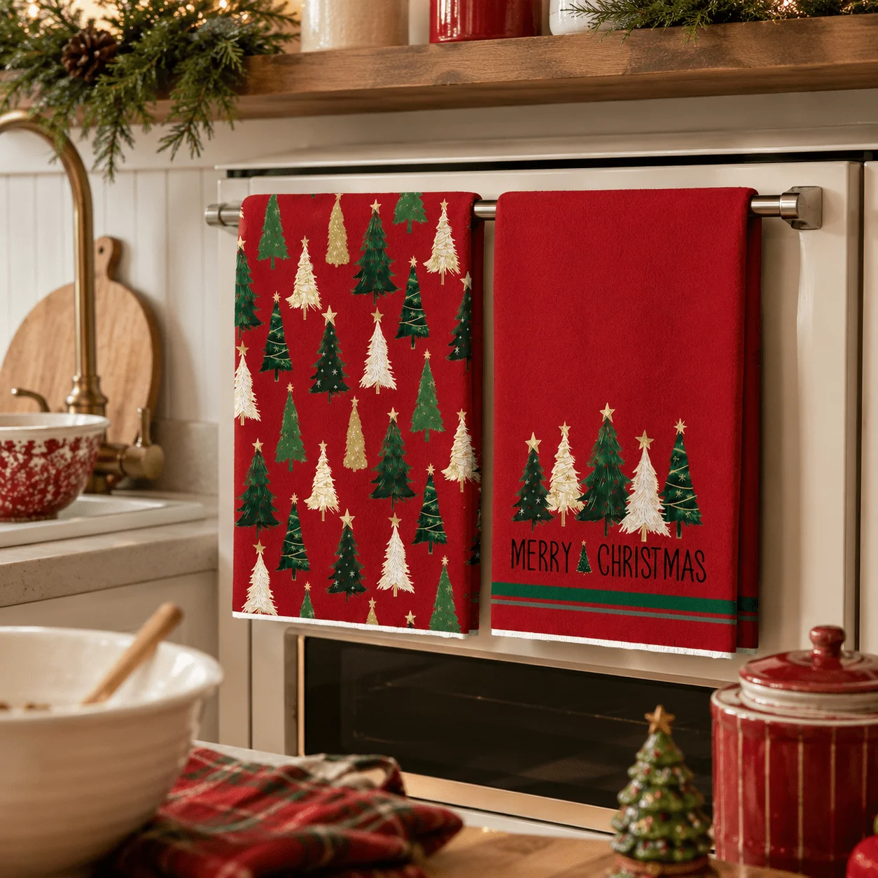2-Pack Random Red Merry Christmas Tree Pattern Kitchen Towels, Green and Gold Winter Christmas Forest Print Decorative Kitchen Tableware, Christmas Party and Housewarming Gifts, Suitable for Cleaning, Drying, Washing D